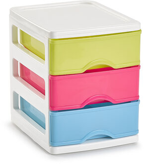 Ladekastje bureau organizer - 3 lades - mix kleuren - L13 x B17 x H17 cm - kunststof