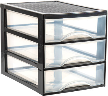 Ladekastje bureau organizer - 3 lades - zwart/transparant - L26 x B35 x H27 cm - kunststof