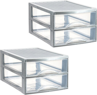 Ladekastje bureau organizer - 3x - 2 lades - zilver/transparant - L26 x B35 x H19 cm - kunststof