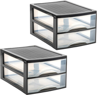 Ladekastje bureau organizer - 3x - 2 lades - zwart/transparant - L26 x B35 x H19 cm - kunststof