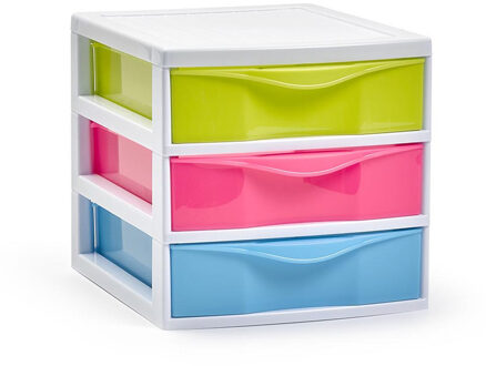 Ladekastje bureau organizer - 3x lades - mix kleuren - L18 x B22 x H17 cm - kunststof