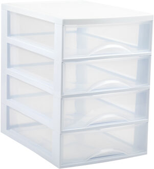 Ladekastje bureau organizer - 4 lades - wit/transparant - L26 x B35 x H36 cm - kunststof