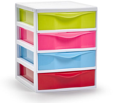 Ladekastje bureau organizer - 4x lades - mix kleuren - L18 x B22 x H23 cm - kunststof