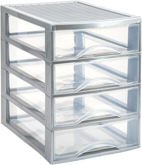 Ladekastje bureau organizer - 4x lades - zilver/transparant - L26 x B35 x H36 cm - kunststof