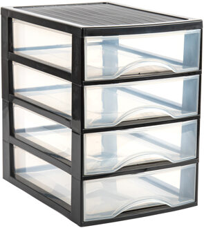Ladekastje bureau organizer - 4x lades - zwart/transparant - L26 x B35 x H36 cm - kunststof