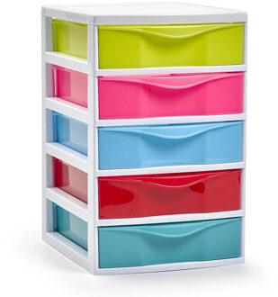 Ladekastje bureau organizer - 5x lades - mix kleuren - L18 x B22 x H28 cm - kunststof