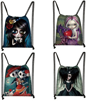 Ladies Sugar Skull Print Drawstring Bag Cartoon Gothic Girls Shopping Bags Women Fashion Storage Bag Girls Canvas Backpack