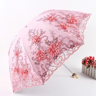 Lady Drievoudige Kant Paraplu Winddicht Rain Parasol Paraplu Meisjes Luxe Uv-bescherming Zomer Zon Paraplu Voor Vrouwen roze