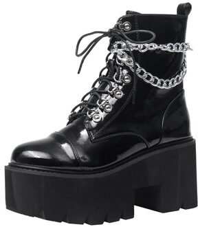 Lakleer Gothic Zwarte Laarzen Vrouwen Hak Sexy Chain Chunky Hak Platform Laarzen Vrouwelijke Punk Stijl Laarzen Rits 8.5