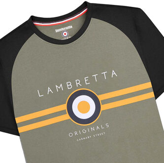 Lambretta Heren SS24 Target Raglan T-shirt (Zwart/Goud/Kaki Groen) - L