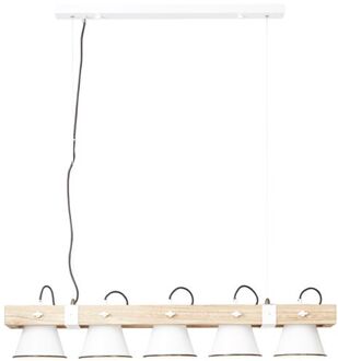 lamp Plow hanglamp 5-lichts wit / licht hout | 5x A60, E27, 10W, geschikt voor standaardlampen (niet inbegrepen) | Schaal A ++ tot E | Hoofden draaien