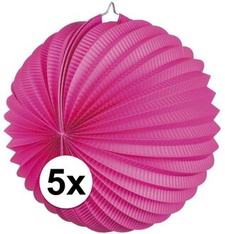 Lampion van papier - 5x - rond - fuchsia roze - Dia 22 cm - Versiering
