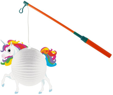 Lampionstokje 40 cm - met eenhoorn lampion - wit - D25 cm
