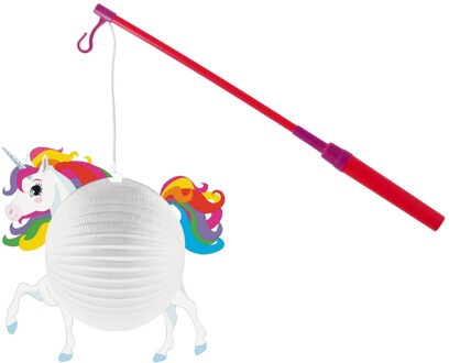 Lampionstokje 40 cm - met eenhoorn lampion - wit - D25 cm