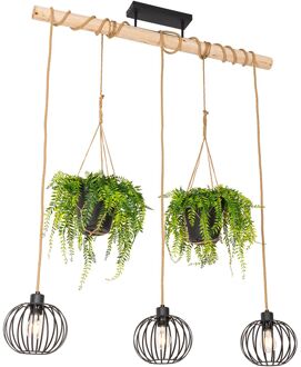 Landelijke hanglamp zwart met hout 3-lichts - Yura Wit