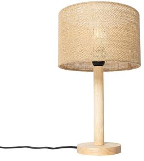 Landelijke tafellamp hout met linnen kap naturel 25 cm - Mels Wit