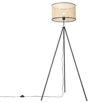 Landelijke vloerlamp tripod zwart met rotan kap - Kata Wit