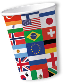 Landen thema feest wegwerp bekertjes - 10x - 250 ml - karton - internationale vlaggen Multi