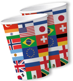 Landen thema feest wegwerp bekertjes - 30x - 250 ml - karton - internationale vlaggen
