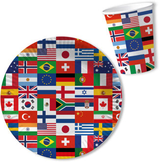 Landen thema feest wegwerp bordjes en bekers - 10x - internationale vlaggen - D23 cm