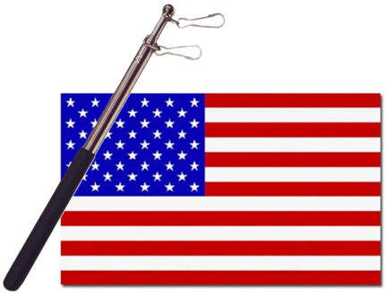 Landen vlag Amerika/USA - 90 x 150 cm - met compacte draagbare telescoop vlaggenstok - supporters