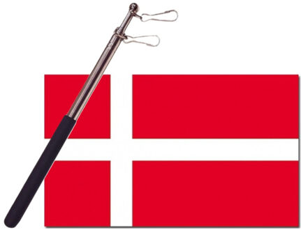 Landen vlag Denemarken - 90 x 150 cm - met compacte draagbare telescoop vlaggenstok - supporters