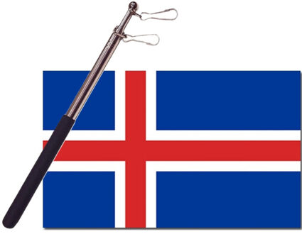 Landen vlag IJsland - 90 x 150 cm - met compacte draagbare telescoop vlaggenstok - supporters