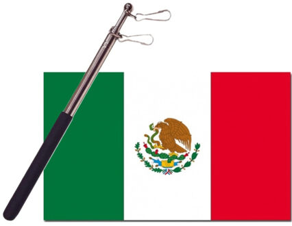 Landen vlag Mexico - 90 x 150 cm - met compacte draagbare telescoop vlaggenstok - supporters