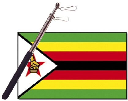 Landen vlag Zimbabwe - 90 x 150 cm - met compacte draagbare telescoop vlaggenstok - supporters