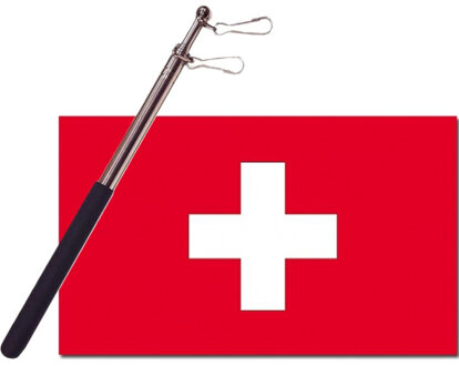 Landen vlag Zwitserland - 90 x 150 cm - met compacte draagbare telescoop vlaggenstok - supporters