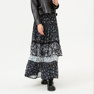 Lang gelaagde ruches geprinte rok Zwart