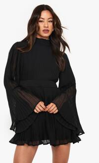 Lang Geplooide Chiffon Mini-Jurk Met Hoge Hals En Uitlopende Mouwen, Black - 36