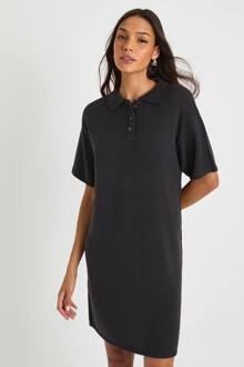 Lang Gesneden Oversized Gebreide Jurk Met Hoge Kraag En Knoopsluiting, Charcoal - L