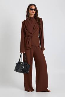Lang Geweven Draperende Lange Mouw Blouse & Broek Co-Ord, Chocolate - 36