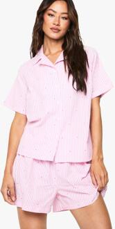 Lang Katoenen Poplin Pyjama-Set Met Pincarige Hartprint Overhemd En Shorts, Pink - 36