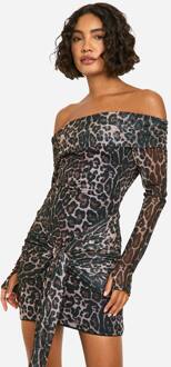 Lang Luipaard Mesh Bardot Twist Front Mini Jurk, Animal - 36