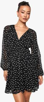 Lang Polka Dot Chiffon Mini Jurk Met Volumineuze Mouwen En Gerafelde Taille, Black - 44