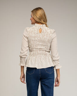 Langdurige blouse, gestreept met honingraatborduursel op de borst en manchetten. Bruin - L