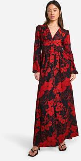 Lange Bloemenprint Maxi-Jurk Met Knoopfront En Diepe V-Hals, Navy - 38