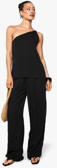 Lange Chiffon Getextureerde Gedrapeerde Jumpsuit Met Wijde Pijpen, Black - 36