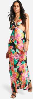 Lange Chiffon Jacquard Maxi Jurk Met Bloemenprint En Uitsnede, Black - 44