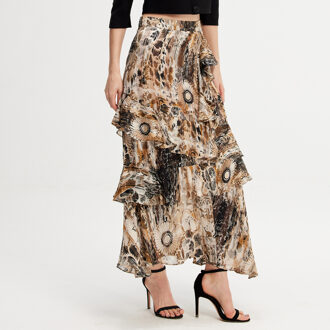 Lange chiffon rok met ruches bloemenprint - maat Beige