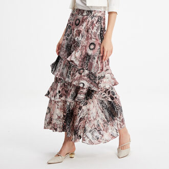 Lange chiffon rok met ruches bloemenprint Roze - L