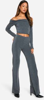 Lange Crop Top Met Twistdetail En Broek Met Wijde Pijpen Set, Grey - 34