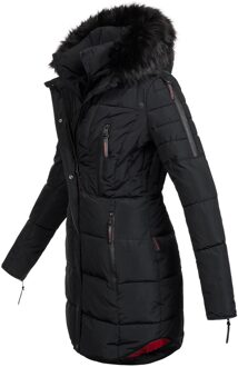 lange dames winterjas Moonshine met imitatiebontkraag & teddyvoering Zwart