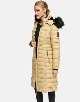 Lange Dames Winterjas Umay – Gewatteerde Jas met Afneembare Capuchon & Bontkraag Beige
