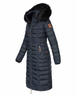 Lange Dames Winterjas Umay – Gewatteerde Jas met Afneembare Capuchon & Bontkraag Blauw - XL