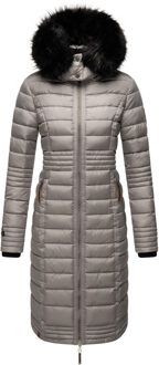 Lange Dames Winterjas Umay – Gewatteerde Jas met Afneembare Capuchon & Bontkraag Grijs - 2XL