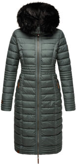 Lange Dames Winterjas Umay – Gewatteerde Jas met Afneembare Capuchon & Bontkraag - maat L Blauw