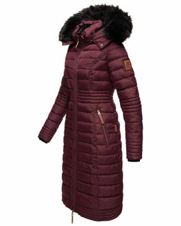 Lange Dames Winterjas Umay – Gewatteerde Jas met Afneembare Capuchon & Bontkraag Rood - XL
